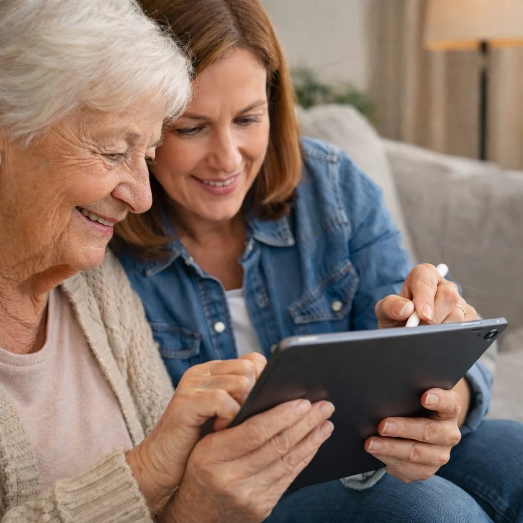Cliënt en naaste bekijken samen het aanmeldportaal op een tablet