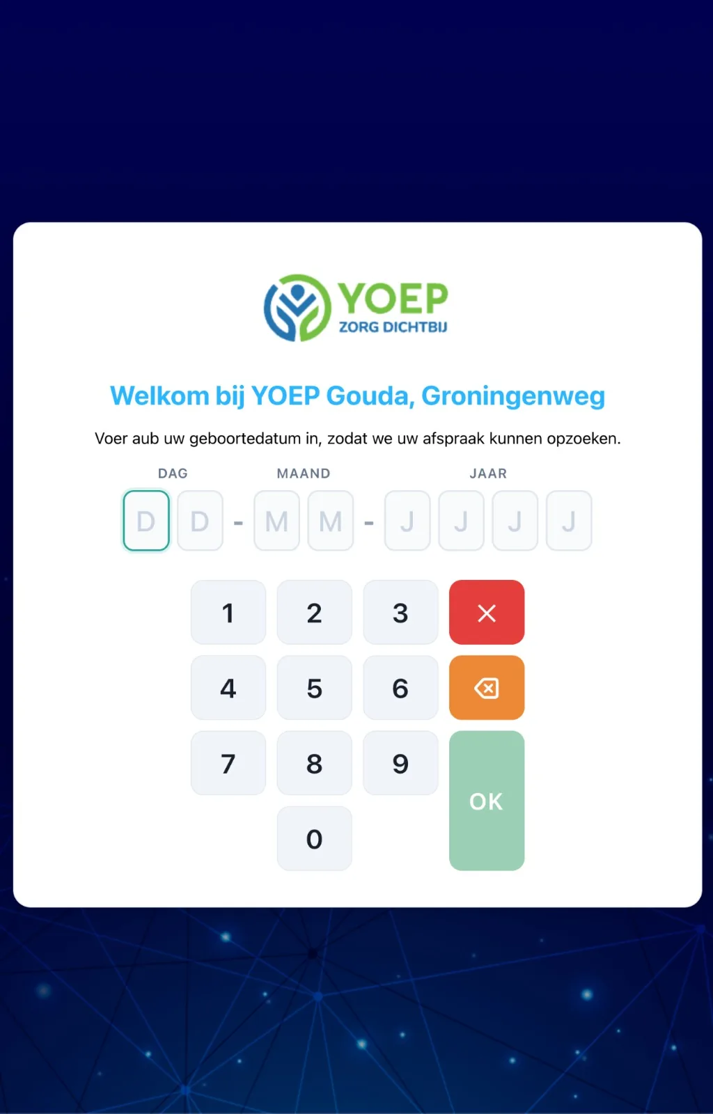 Aanmeldzuil in de huisstijl van Yoep, met eigen logo en locatienaam